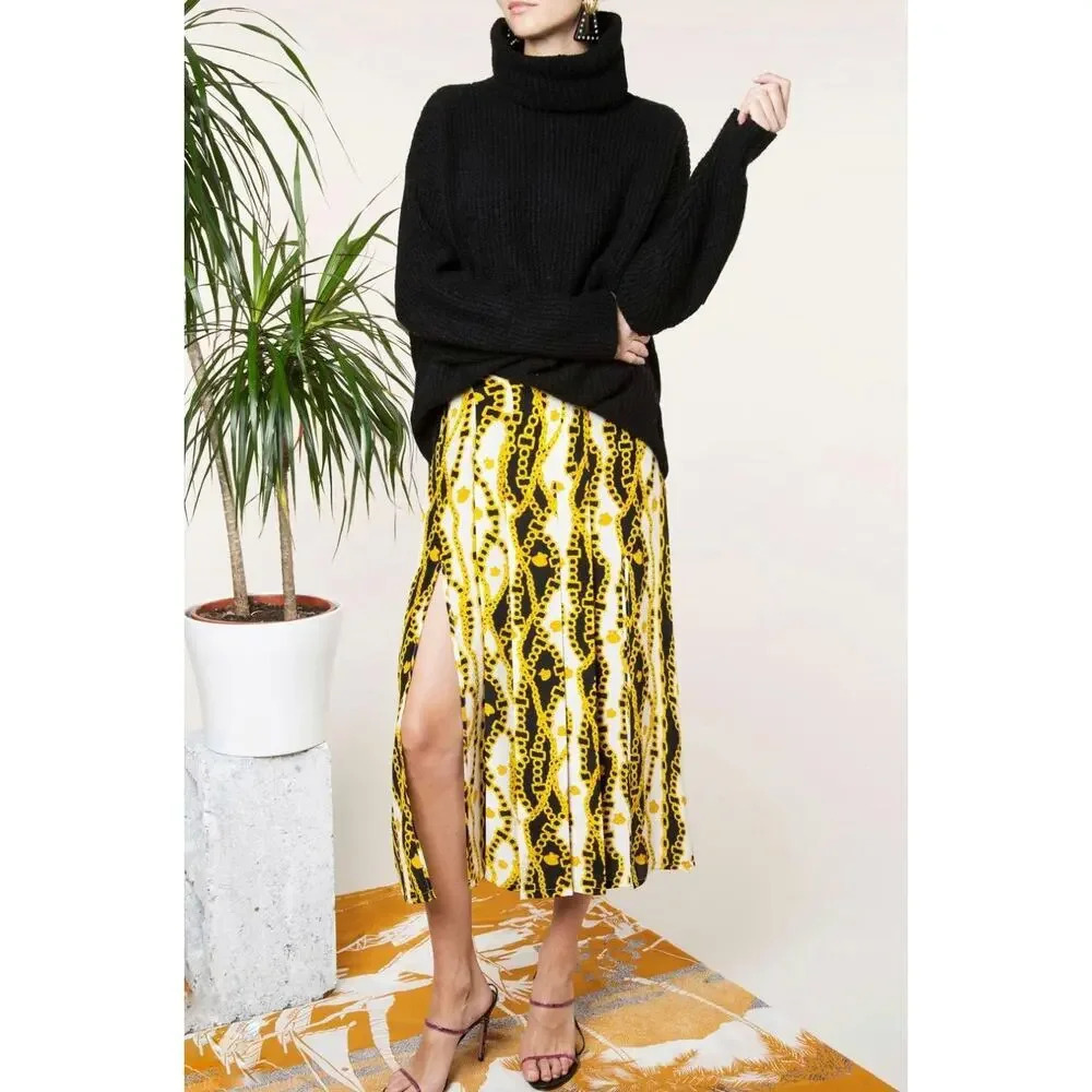 RIXO Midi Silk Skirt Georgia' Chain Print Front Splits Size XS